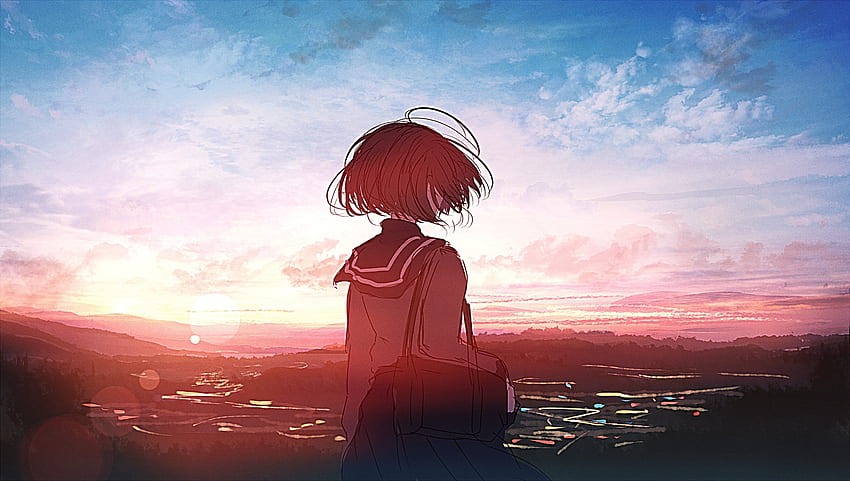 Gadis anime, matahari terbenam, luar ruangan, seni Wallpaper HD