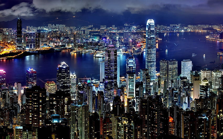 Градове, Вода, Нощ, Град, Светлини, Небостъргачи, Хонконг, Hong Kong S.a.r HD тапет