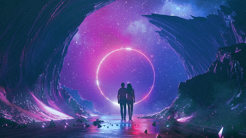 1980s Retro Style Space Couple Romance Synthwave Digital Art Stars Circle Lights - Resolution: HD wallpaper
