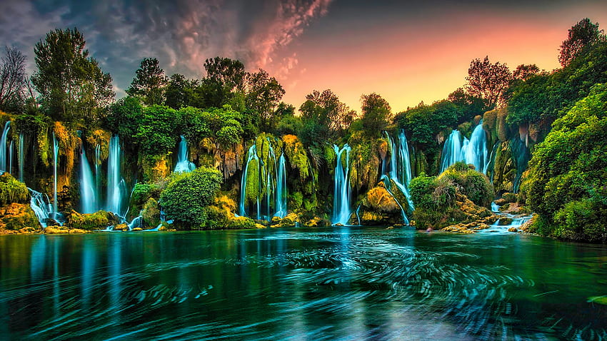 Cachoeira Kravice, cachoeira, linda, Europa, pôr do sol, lago papel de parede HD