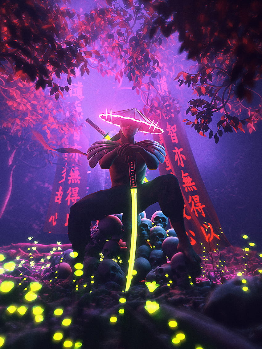 Neonowy samuraj. Grafika samuraja, samuraj, sztuka ninja, neon 4D Tapeta na telefon HD
