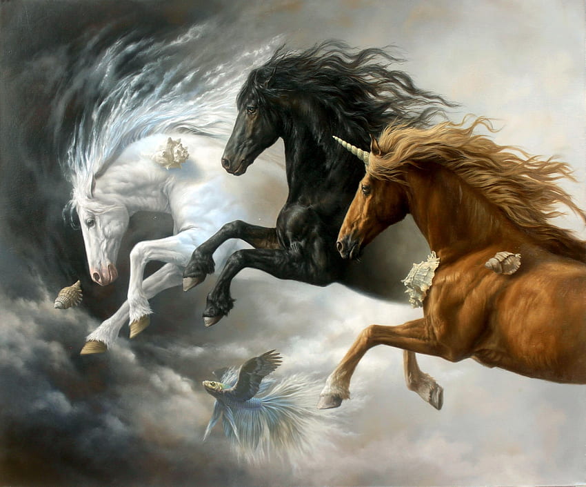Fantasy horses and unicorn, white, horse, black, bird, cal, summer, shell, brown, fantasy, unicorn, sky, fish, luminos, johnny palacios hidalgo, trio HD wallpaper