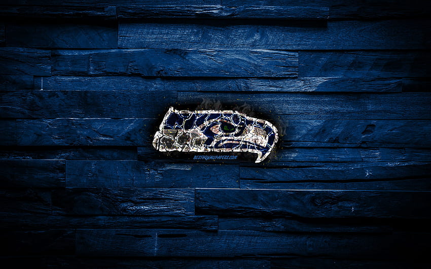 Seattle Seahawks, , scorched logo, NFL, blue wooden background, american baseball team, National Football Conference, grunge, baseball, Seattle Seahawks logo, fire texture, USA, NFC for with resolution . High HD wallpaper