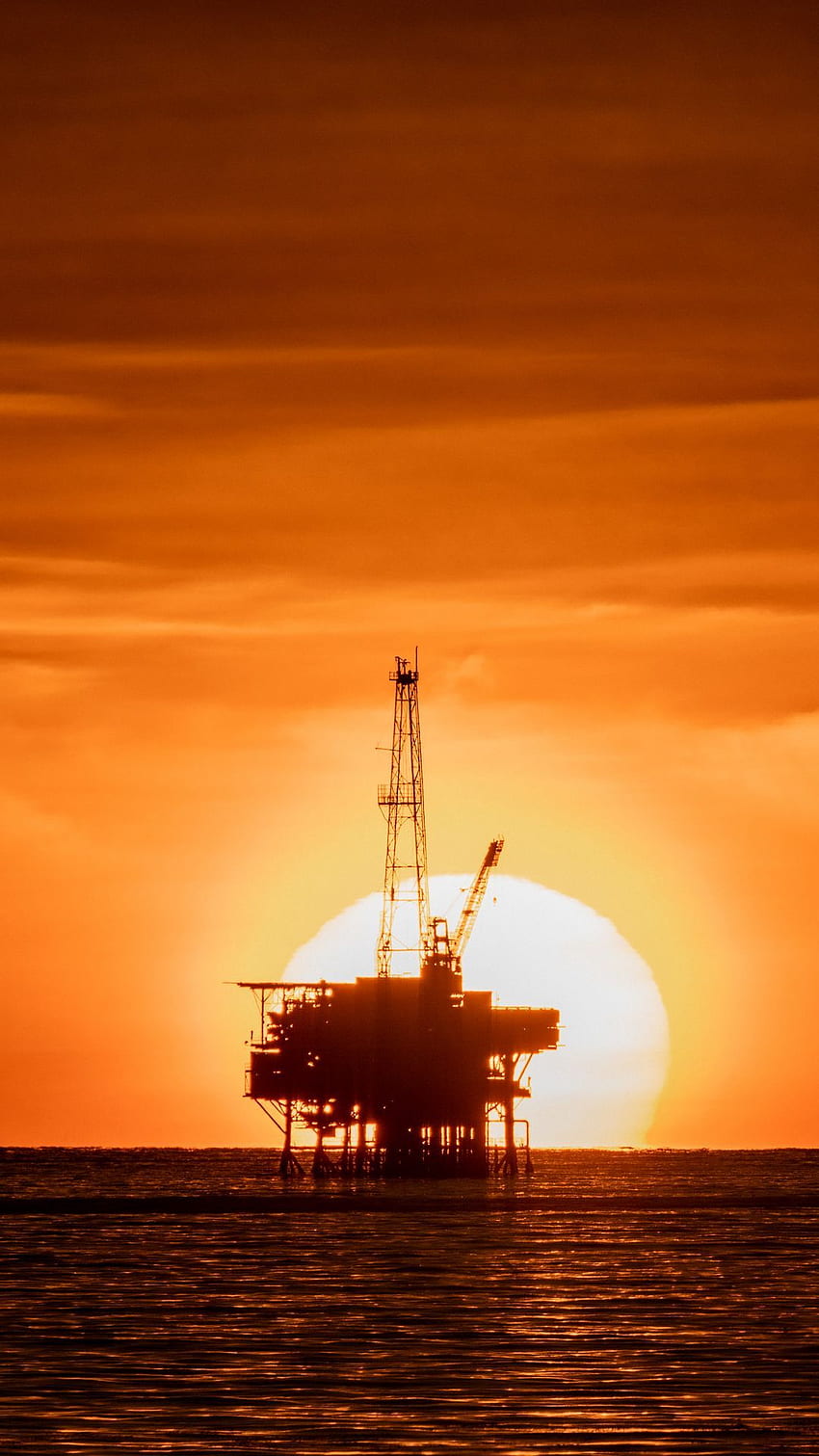 石油プラットフォーム, 日没, 海 HD電話の壁紙