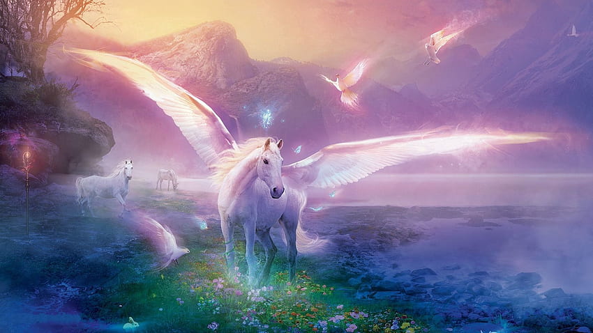 Fantasia, Flores, Magia, Cavalo, Pegasus papel de parede HD