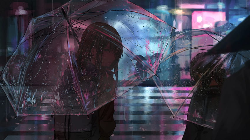 kız, şemsiye, anime, yağmur, sokak, gece u 16:9 arka plan HD duvar kağıdı