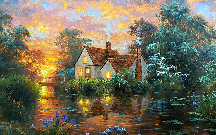 Wetland Cottage, river, painting, treesartwork, trees, clouds, cottage, sky, sunset HD wallpaper