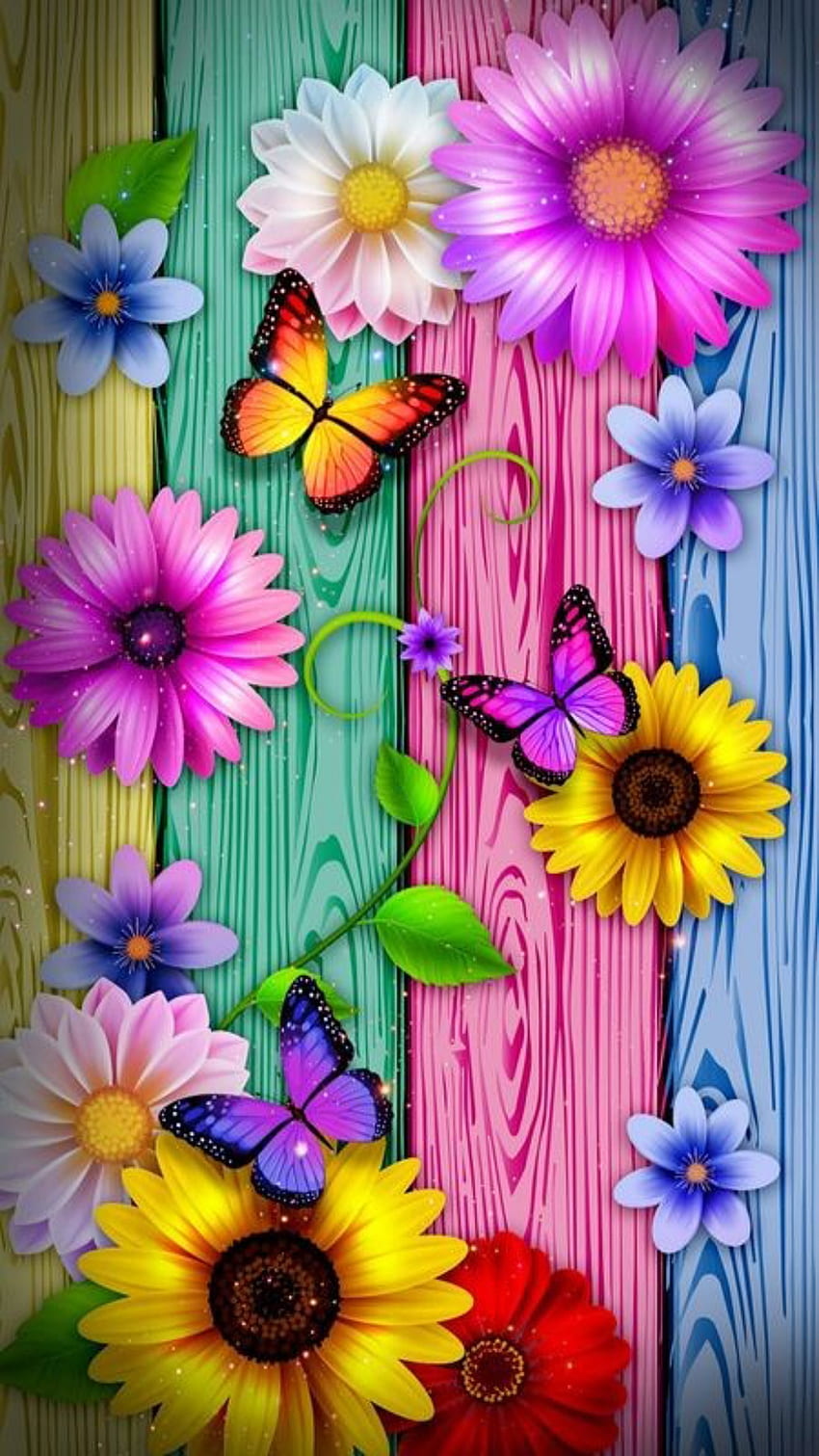 Kolory, kwiaty, różowy, zielony, niebieski, żółty, drewniana ściana Tapeta na telefon HD