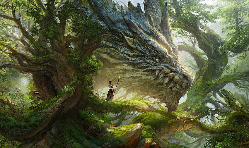 Forest dragon, art, won jun tae, fantasy, green, dragon, wonjuntae, forest HD wallpaper