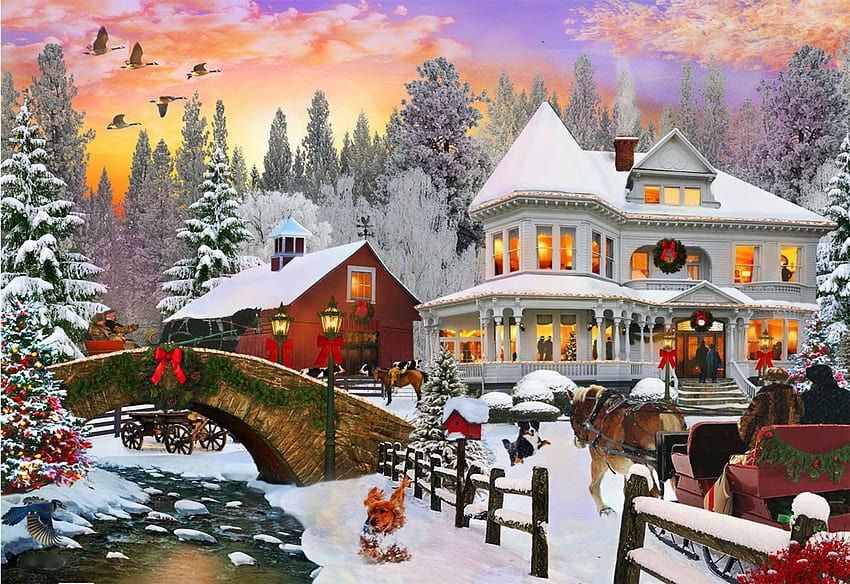 Country Christmas, villa, victorian, ice, river, birds, horse, art, people, artwork, digital, snow, bridge, trees, decorations HD wallpaper