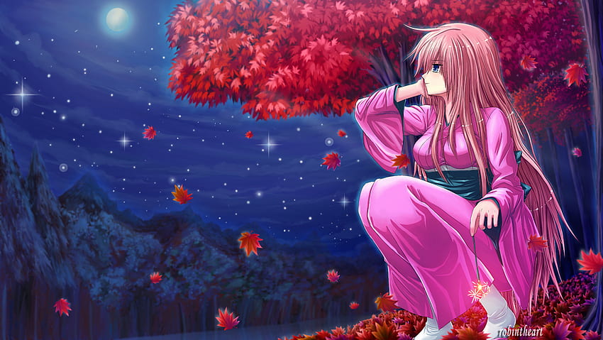 Megurine Luka, night, kimono, petals, long hair, tree HD wallpaper