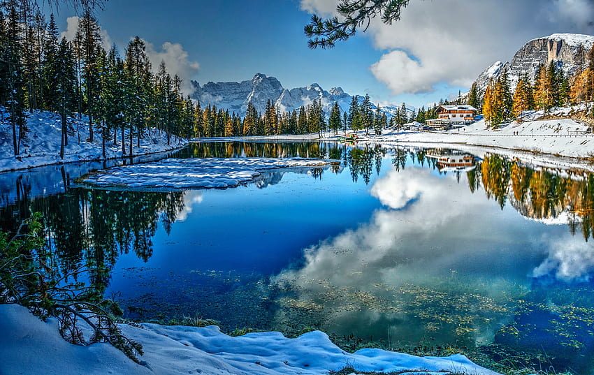 Езеро в Италия, зима, доломити, отражение, сняг, красиво, Италия, езеро, планина HD тапет
