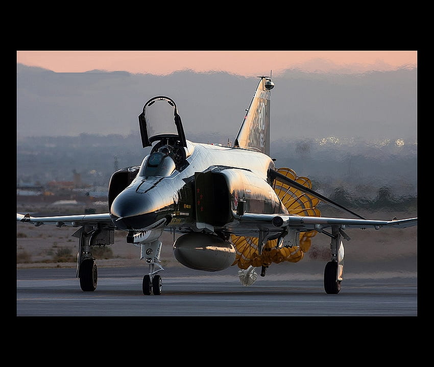 F-4 Phantom Taxiing After Landing, Drag Chute Deployed, Sunset, Military, Aircraft HD wallpaper
