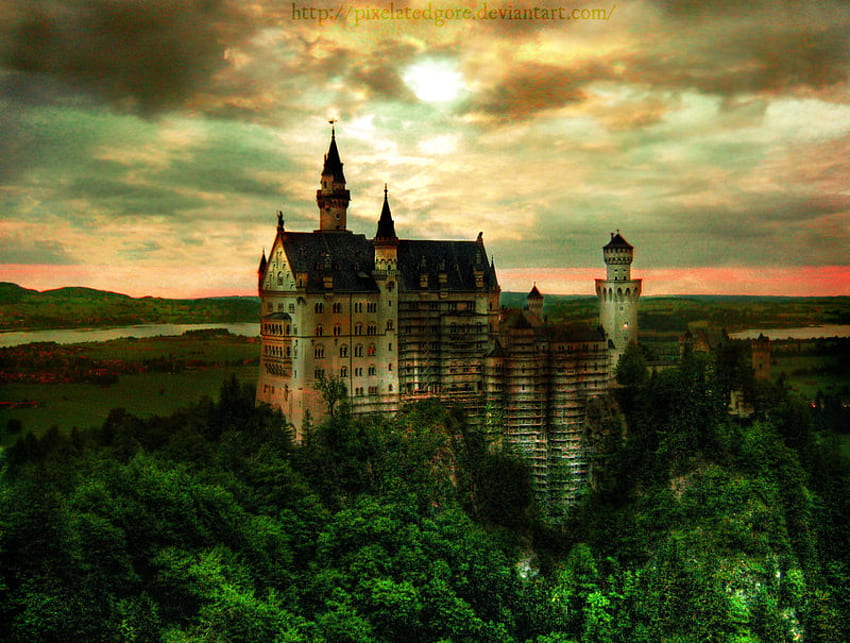 Neuschwanstein castle, germany, castle, neuschwanstein, bavaria, sunset HD wallpaper