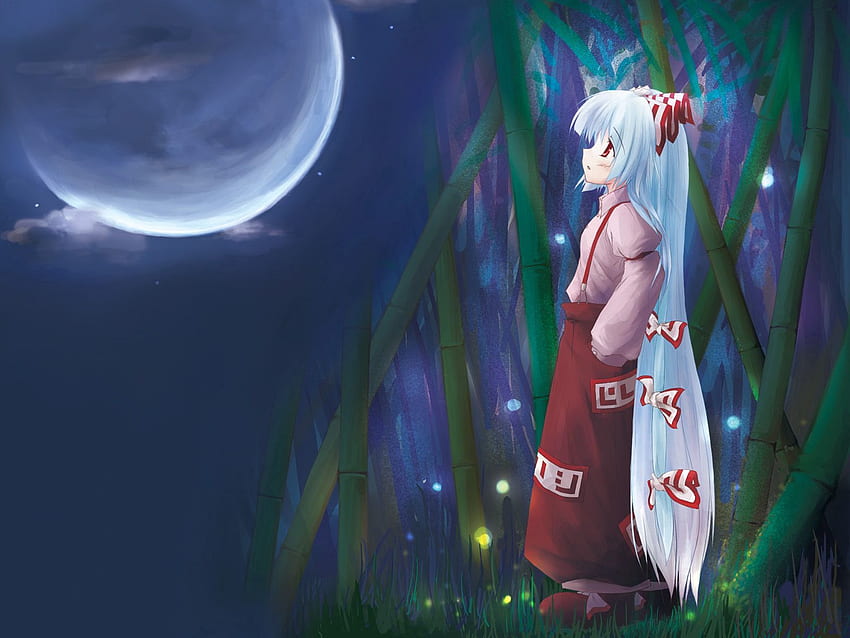 Anime, Bulan, Gadis, Kimono, Termenung, Bijaksana Wallpaper HD