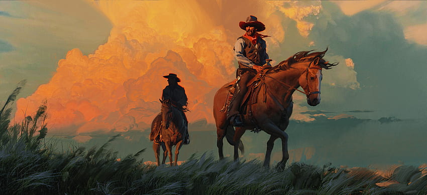 Jama Jurabaev Malerei Männer Cowboys Cowboyhüte Pferd Schal Wind Western Gras Wolken - Auflösung: HD-Hintergrundbild