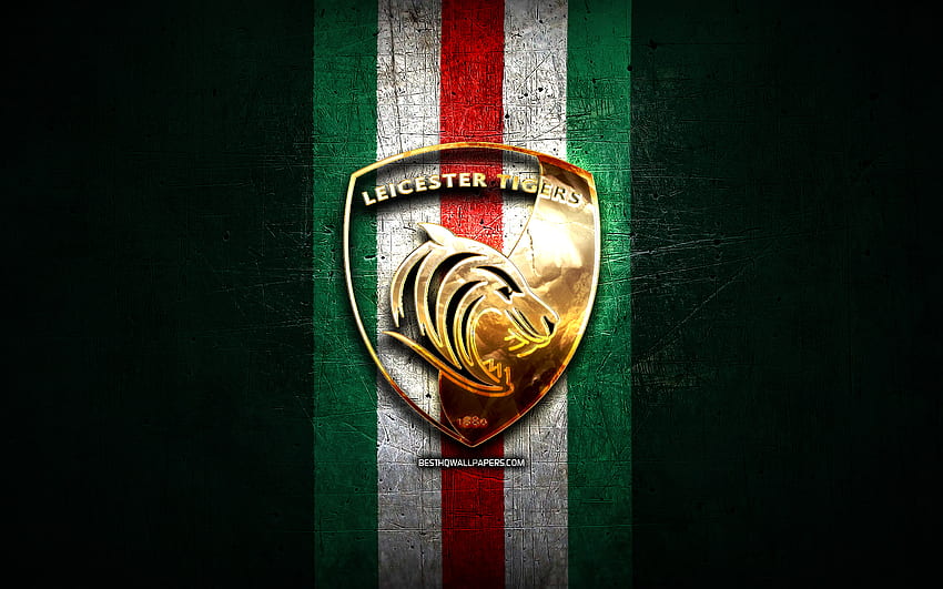 Leicester Tigers, golden logo, Premiership Rugby, green metal background, english rugby club, Leicester Tigers logo, rugby HD wallpaper