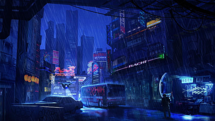 งานศิลปะ อนาคต เมืองแห่งอนาคต กลางคืน ฝน มืด น้ำเงิน วอลล์เปเปอร์ HD