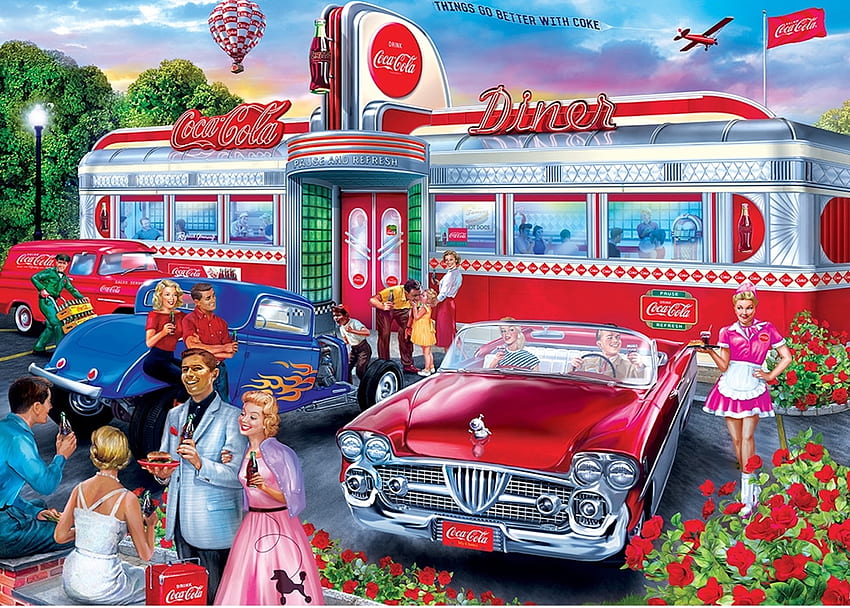 Coca Cola Diner, malarstwo, samochód, samolot, balon na ogrzane powietrze, restauracja, napoje, cola, vintage Tapeta HD