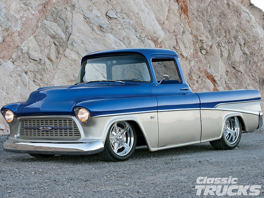 57 Cameo Truck, classic, chevy, gm, blue silver HD wallpaper