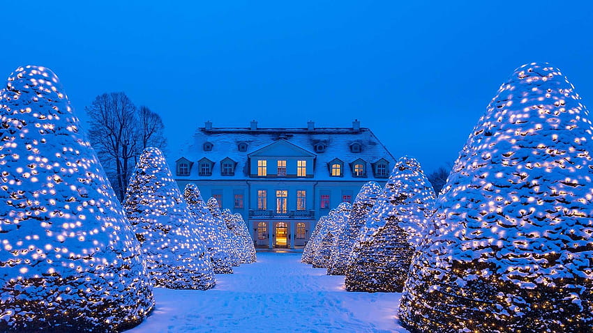 Germany, Saxony, snow, winter, lights, trees, night, Snow Castle HD wallpaper