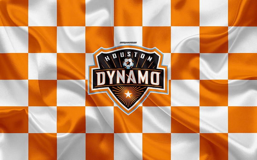 Houston Dynamo, , logo, seni kreatif, bendera kotak-kotak oranye putih, klub Sepak Bola Amerika, MLS, lambang, tekstur sutra, Houston, Texas, AS, sepak bola, Sepak Bola Liga Utama untuk dengan resolusi . Tinggi Wallpaper HD