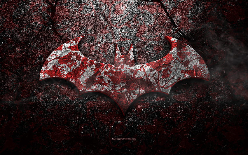 Logo Batmana, sztuka grunge, logo kamienia Batmana, tekstura czerwonego kamienia, Batman, tekstura kamienia grunge, godło Batmana, logo Batmana 3D Tapeta HD
