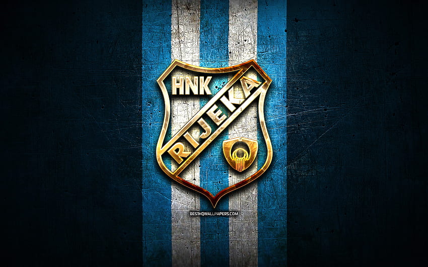 ФК Риека, златно лого, HNL, син метален фон, футбол, хърватски футболен клуб, лого на ХНК Риека, футбол, ХНК Риека HD тапет