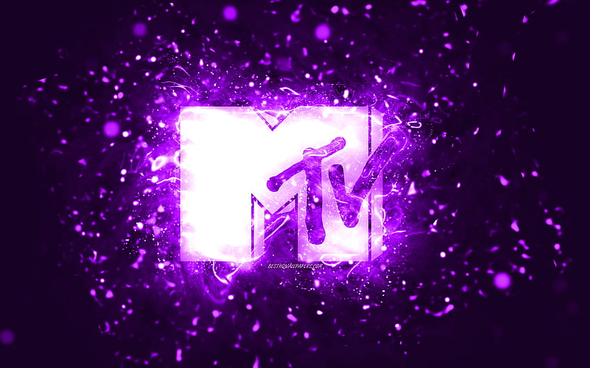 MTV violet logo, , violet neon lights, creative, violet abstract background, Music Television, MTV logo, brands, MTV HD wallpaper