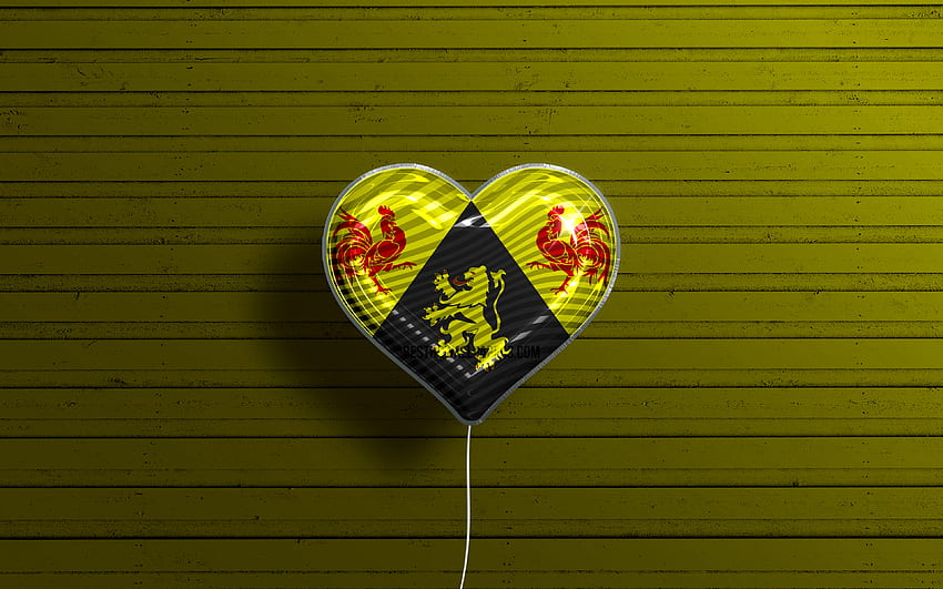 Ich liebe Wallonisch-Brabant, realistische Luftballons, gelber Holzhintergrund, Tag von Wallonisch-Brabant, belgische Provinzen, Flagge von Wallonisch-Brabant, Belgien, Ballon mit Flagge, Provinzen von Belgien, Flagge von Wallonisch-Brabant, Wallonisch-Brabant HD-Hintergrundbild