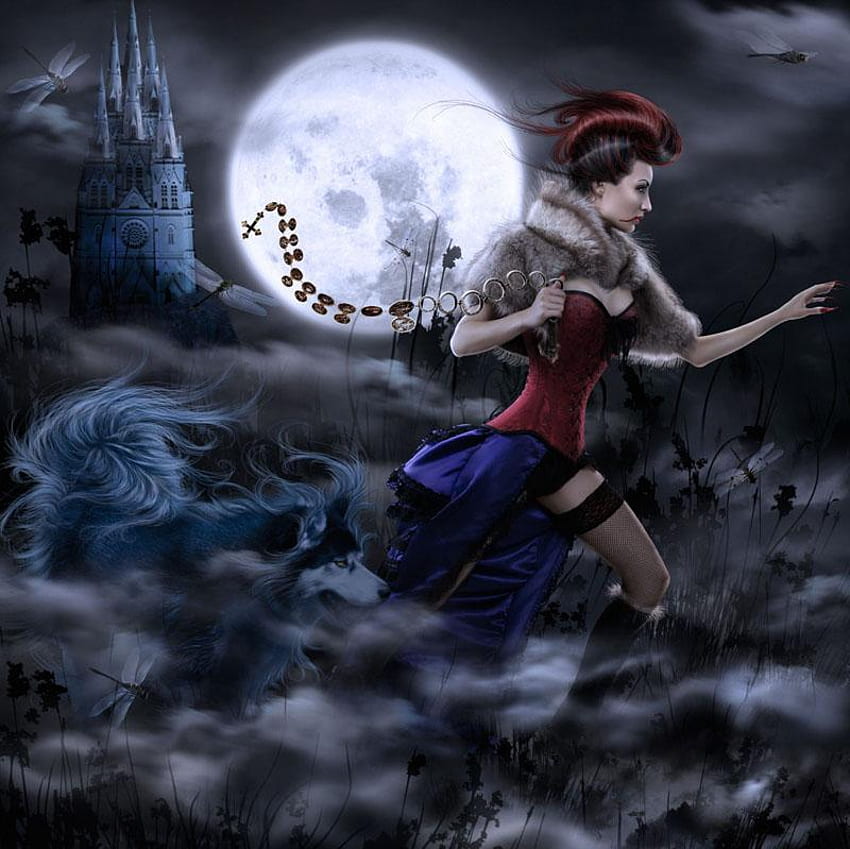 The Countess of Blood, graphy, fantasy, run, blood, woman, moon light HD wallpaper