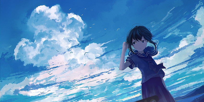 Anime Girl, Clouds, School Uniform, Wind, Birds, 2000x1000 HD wallpaper ...
