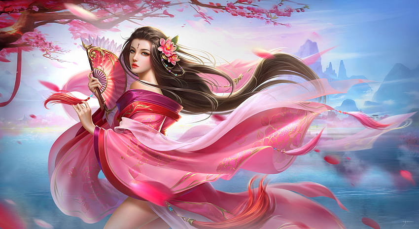 Pink Beauty, art, fantasy, girl, fan, woman, veils, , beautiful, digital, pink HD wallpaper