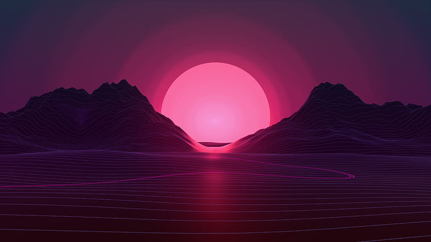 Matahari terbenam, pegunungan, neon merah muda, abstrak Wallpaper HD