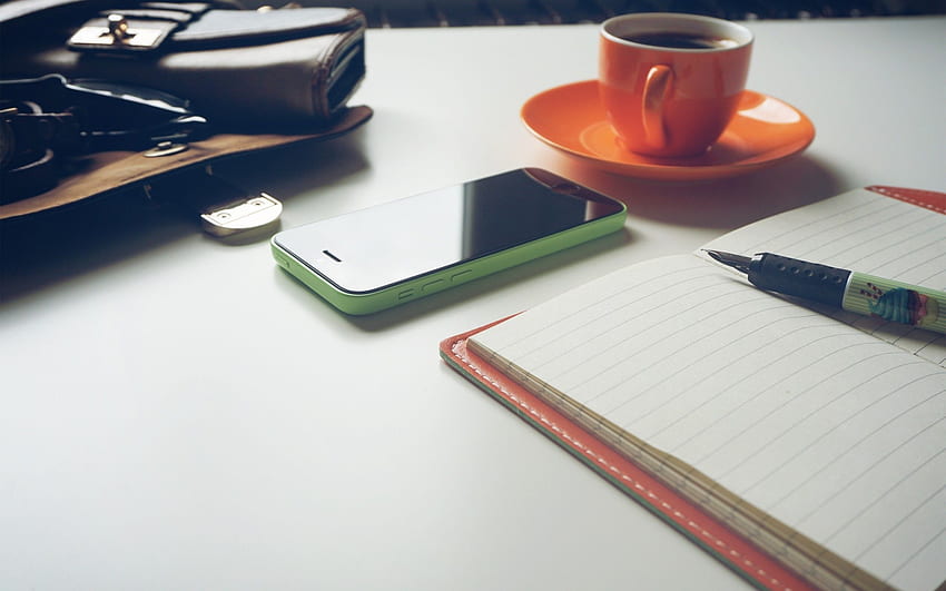 iPhone, Desk, Pen, Coffee, Notebook HD wallpaper