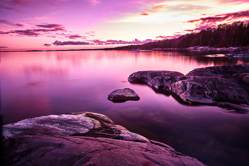 Sunset , Lake, Purple, Pink sky, Scenery, Body of Water, Nature, Sunset Scenic HD wallpaper