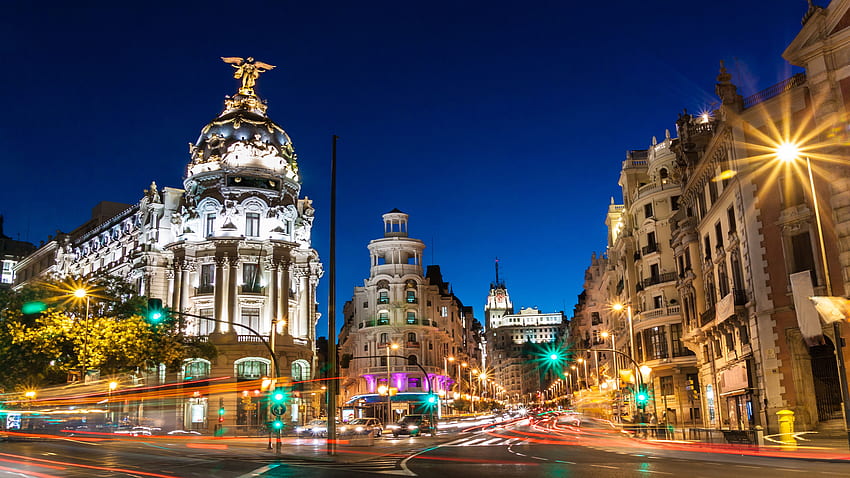 Jalan Gran Via di Madrid Spanyol . , Malam Madrid Spanyol Wallpaper HD