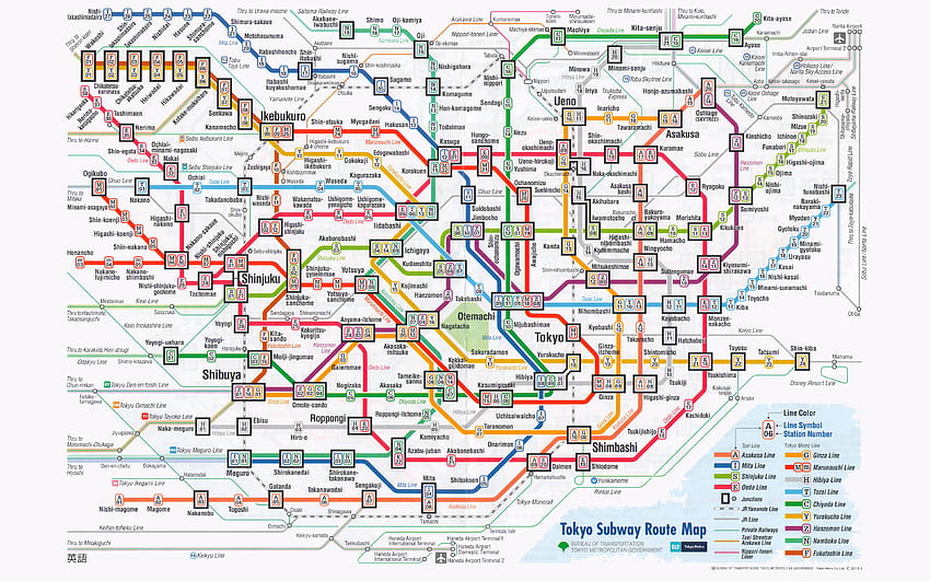 Peta metro Tokyo, Jepang, skema, kereta bawah tanah Tokyo, semua jalur, jalur metro, peta Metro Tokyo dengan resolusi. Kualitas Tinggi, Peta Jepang Wallpaper HD