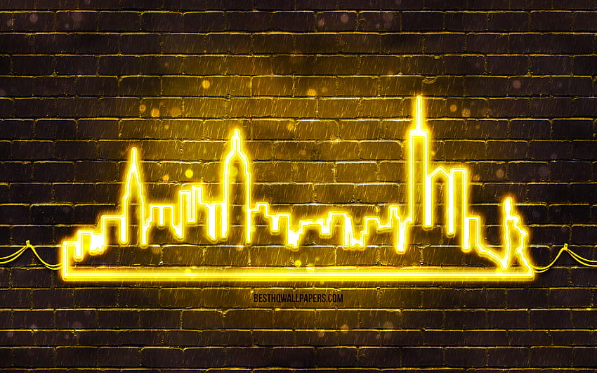 New York yellow neon silhouette, , yellow neon lights, New York skyline silhouette, yellow brickwall, american cities, neon skyline silhouettes, USA, New York silhouette, New York, NYC HD wallpaper
