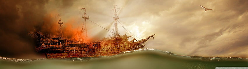 Пиратски кораб, плаващ ултра фон, 2732 X 768 HD тапет