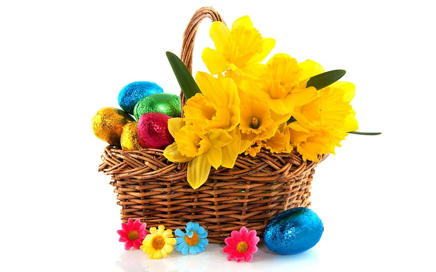 A little basket of spring, basket, daffodils, easter, spring, eggs HD wallpaper