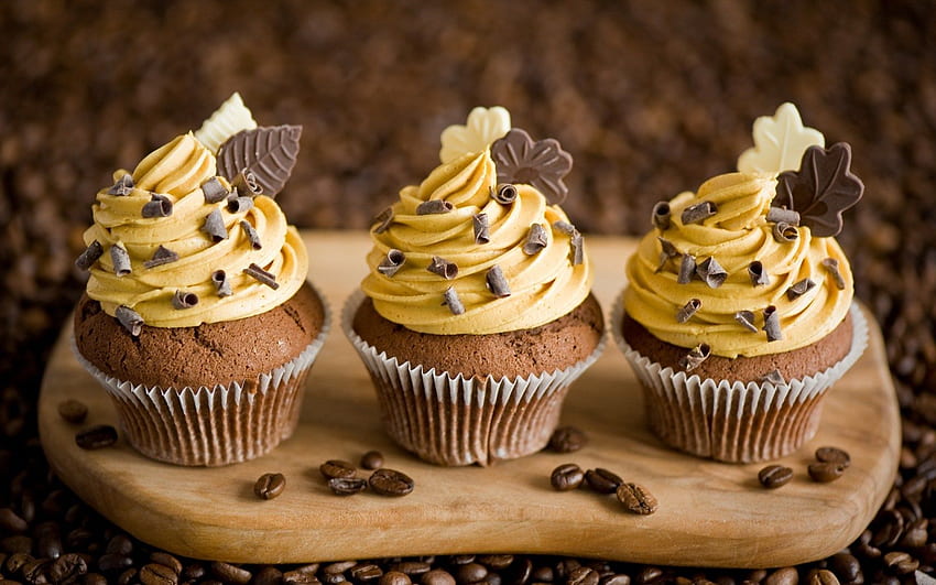 Cupcakes Chocolate Leaves Cream Yellow Dessert Coffee, Yellow Cuake HD wallpaper
