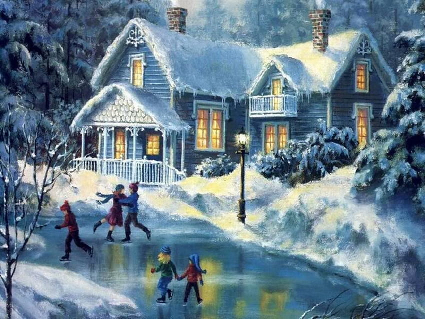 แสงบนสเก็ตน้ำแข็ง ฤดูหนาว สีขาว สเก็ต บ้าน เย็น คน ต้นไม้ หิมะ ไฟ น้ำแข็ง วอลล์เปเปอร์ HD