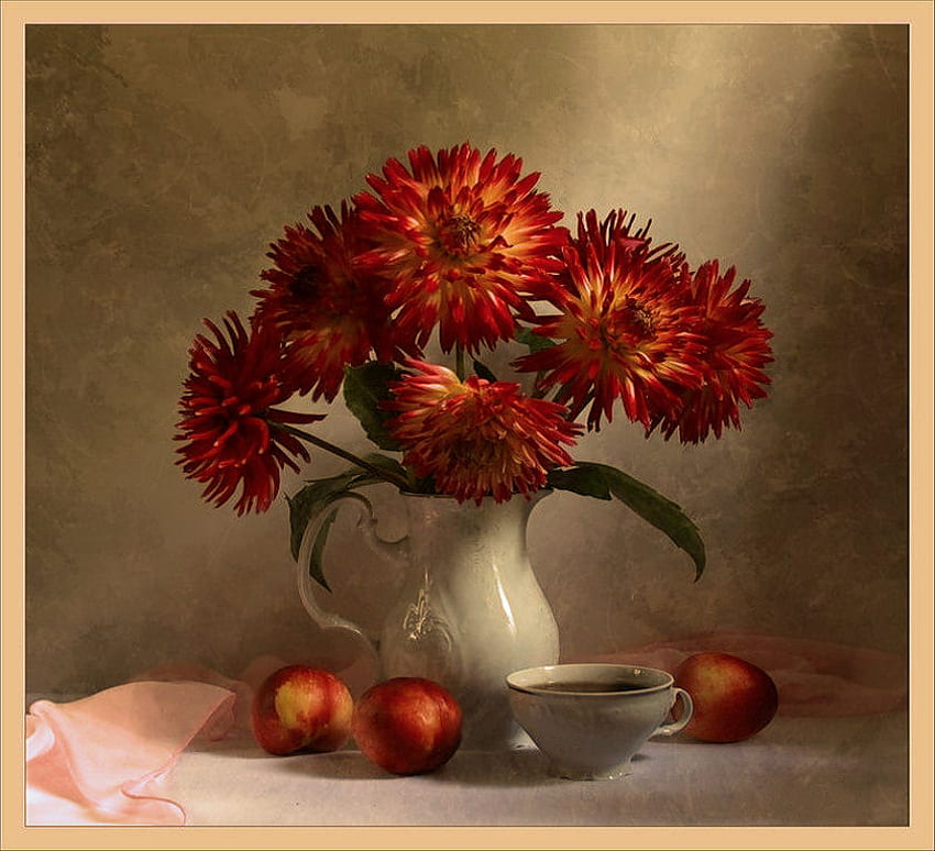 Leidenschaftlich, weiß, rubinrot, Vase, Tasse, Seide, hübsch, Dahlien, gelb, rot, Pfirsiche, Obst, Leidenschaft, Blumen, Nektarinen HD-Hintergrundbild