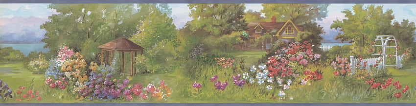 Border - Countryside House Greenery Flowers Gazebo Vintage Mauve Seam Wall Border Retro Design, Roll 15 ft X 6 in วอลล์เปเปอร์ HD