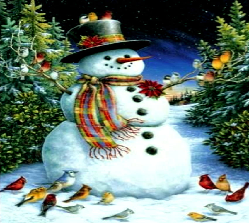 Snowman And Birds, Snow, Snowman, Trees, Buttons, Scarf, Birls, Hat HD wallpaper