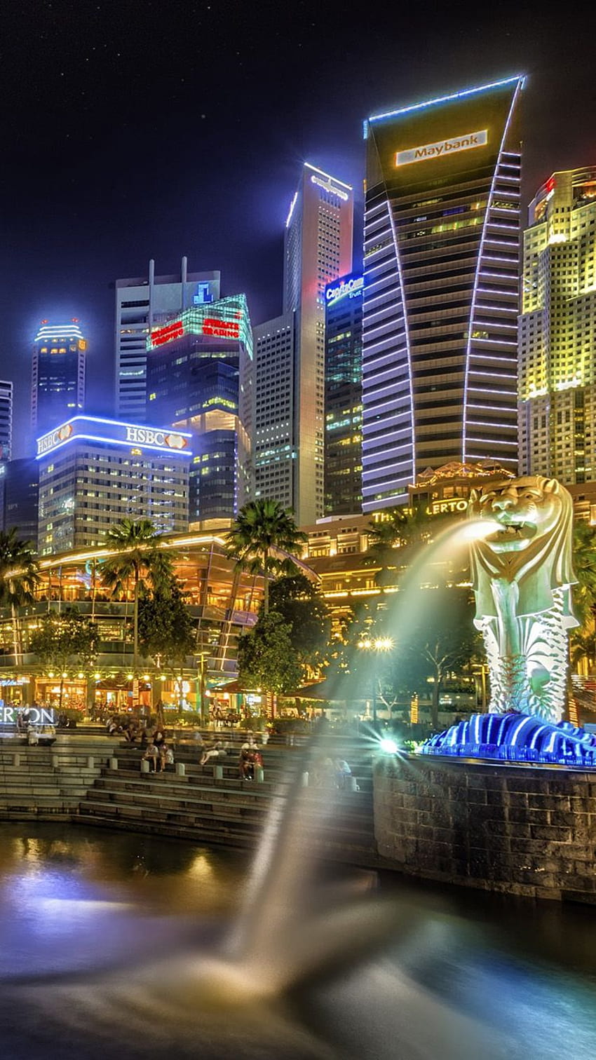 Wallpaper Singapore, skyscrapers, river, night, lights, clouds 1920x1440 HD  Picture, Image