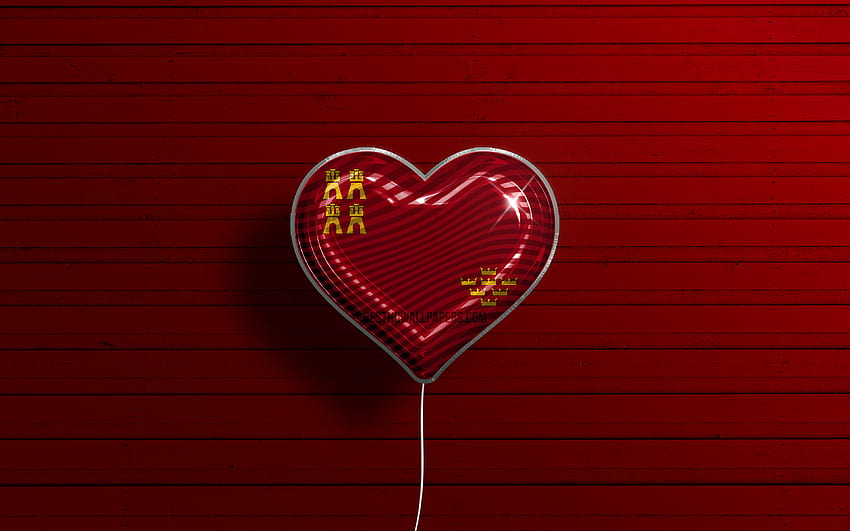 I Love Murcia, , realistic balloons, red wooden background, Day of Murcia, spanish provinces, flag of Murcia, Spain, balloon with flag, Provinces of Spain, Murcia flag, Murcia HD wallpaper
