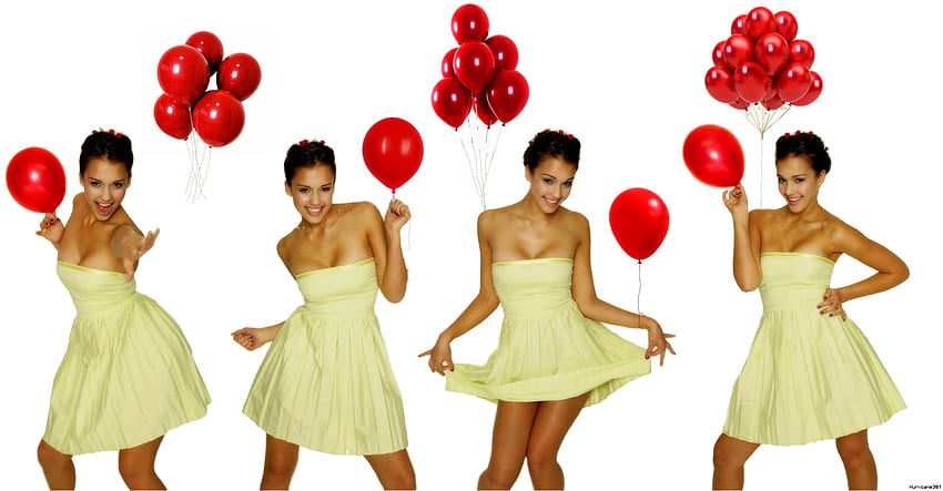 Джесика Алба-Червени балони-, балони, модел, червено, hurrcn381, красива HD тапет
