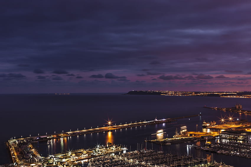 Città, vista dall'alto, molo, città notturna, molo, porto Sfondo HD
